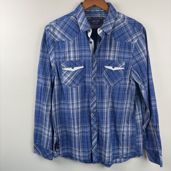 English Hero Mens Large Short Eminence Blue Button Up Geometric Cuff Pocket Rock - Picture 2 of 10